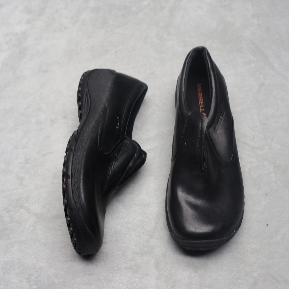 Merrell Womens 8 Work Shoes Black Leather Slip Resistant Walking Slip On Utility